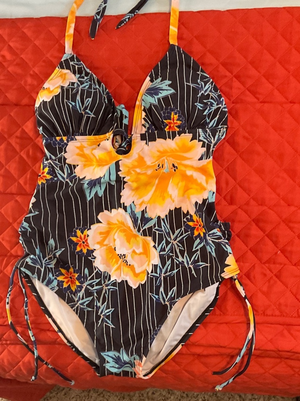 Floral One-Piece Swimsuit in Black with Yellow Orange Blooms
